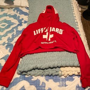 Red Dayton Beach lifeguard crop top hoodie